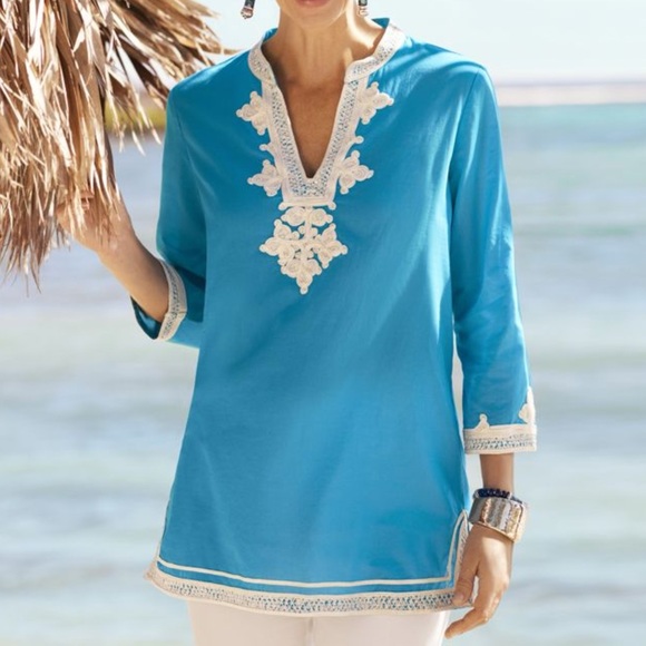 Chicos Tunic Top Embroidered Womens Size 2 Large Sequins Beachy Boho Capri Blue - Picture 1 of 11
